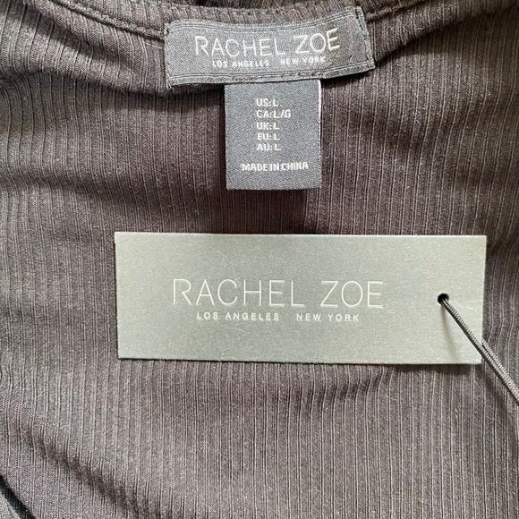 Rachel Zoe Black Midi Dress L Ribbed Knit Ruched Side Sleeveless Bodycon Stretch - Picture 4 of 8